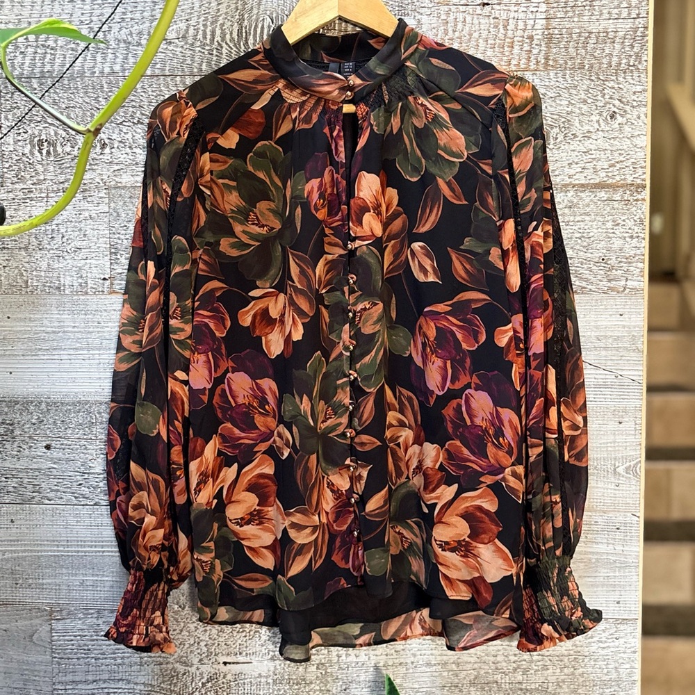 Ever New | Tate Dark Floral Romantic Puff Sleeves Button-Up Blouse - Women's 6-8